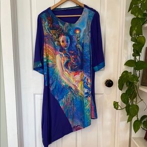 Handmade Asymmetrical Fairy Print Graphic Tunic  3/4 Sleeves Whimsical Festival